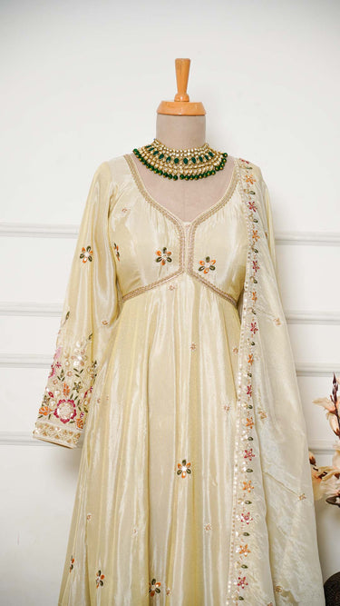 Cosmos Handwork Beige Anarkali Suit with Floral Embroidery