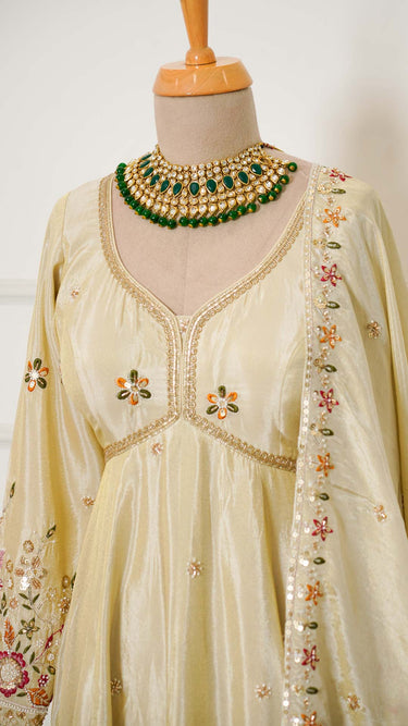 Cosmos Handwork Beige Anarkali Suit with Floral Embroidery
