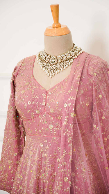 Mauve Pink Floral Motif Fendi Zari Anarkali Suit