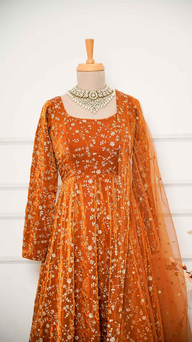 Rust Fendi Anarkali Suit with Golden Zariwork