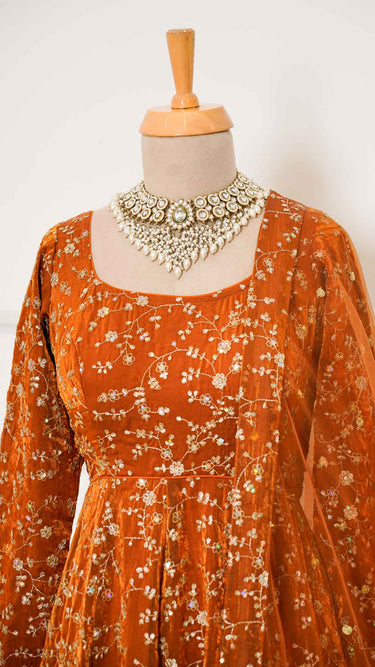 Rust Fendi Anarkali Suit with Golden Zariwork