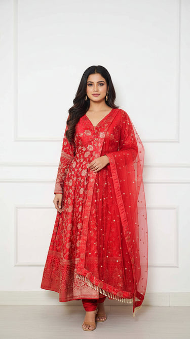 Red Floral Banarasi Anarkali Suit