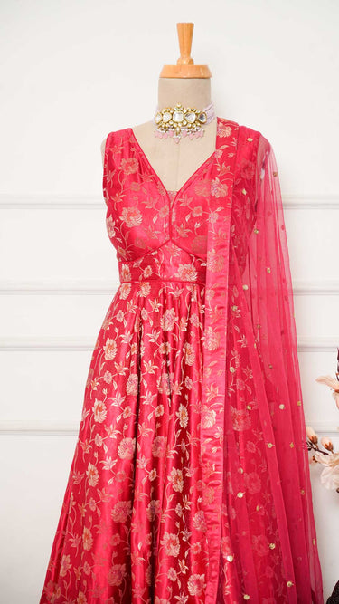 Red Floral Banarasi Anarkali Suit