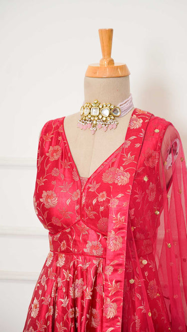 Red Floral Banarasi Anarkali Suit