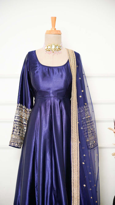 Navy Blue Satin Silk Anarkali Suit with Front Embroidery