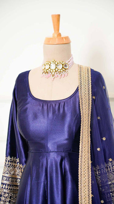 Navy Blue Satin Silk Anarkali Suit with Front Embroidery