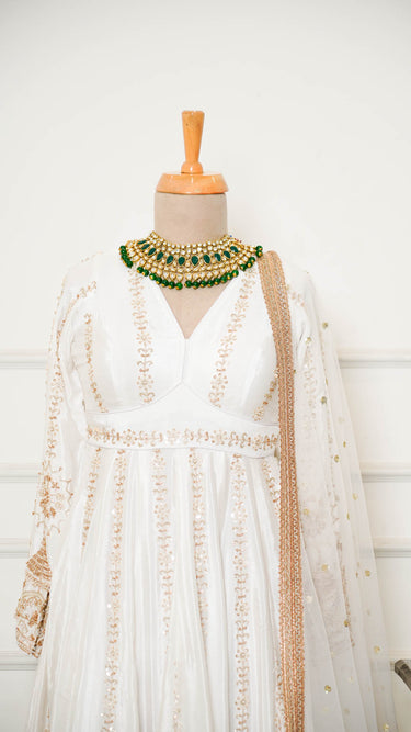 White Pure Crepe Gold Handembroidered Anarkali Suit