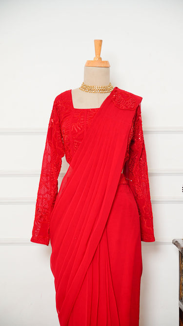 Red Ready to Wear Saree with Corset Blouse
