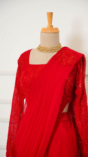 Red Ready to Wear Saree with Corset Blouse