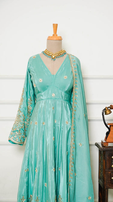 Sky Blue Crepe Handwork Banarasi Anarkali Suit