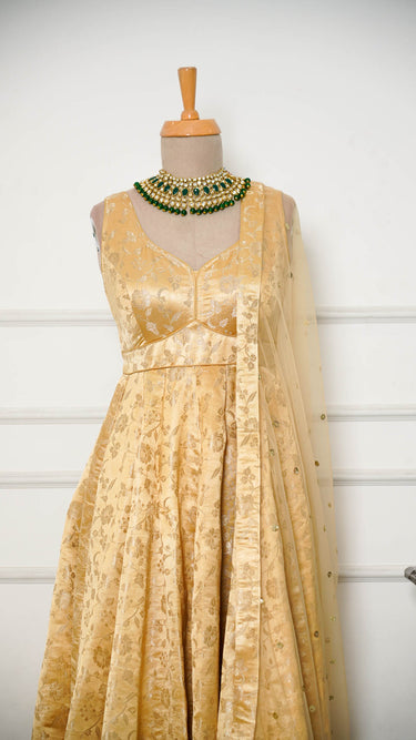 Gold Sleeveless Banarasi Anarkali Suit