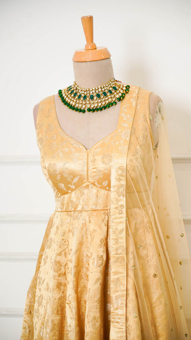 Gold Sleeveless Banarasi Anarkali Suit