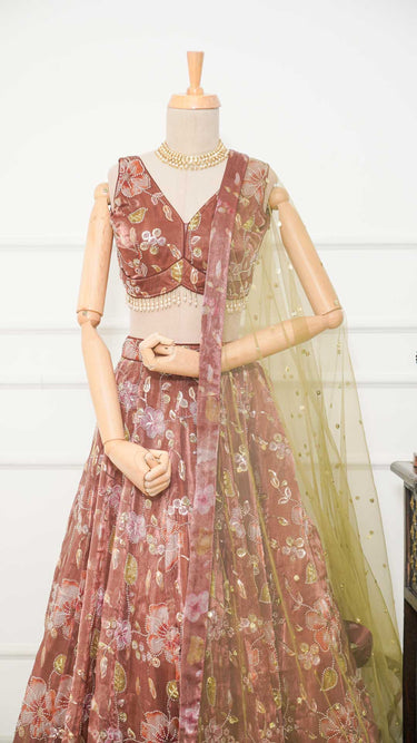 Multicolor Rust Floral Handwork Lehenga with Contrast Shawl