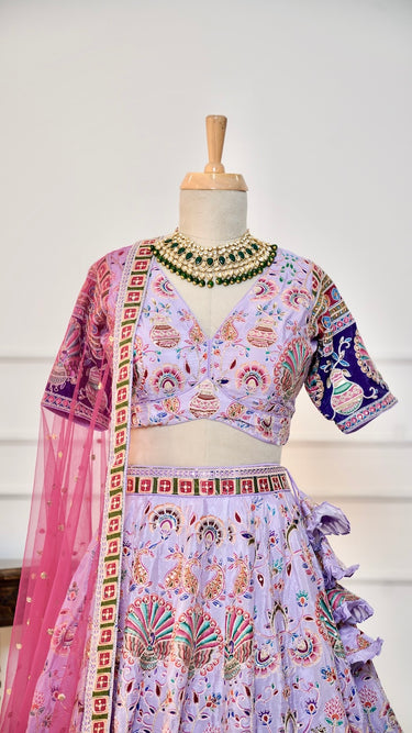 Position Print Lehenga with Peacock Embroidery