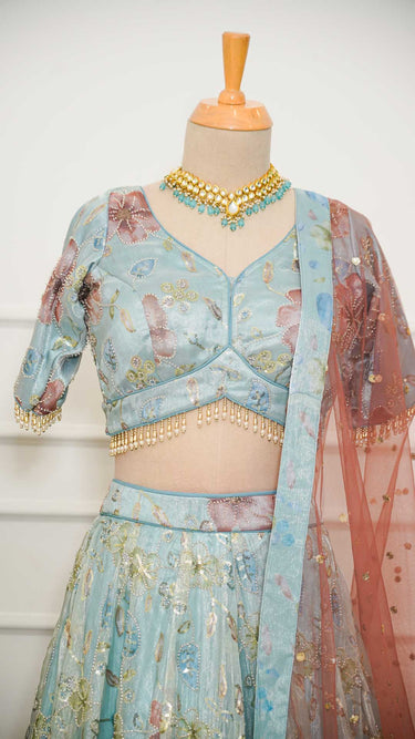 Multicolor Sky Floral Handwork Lehenga with Contrast Shawl