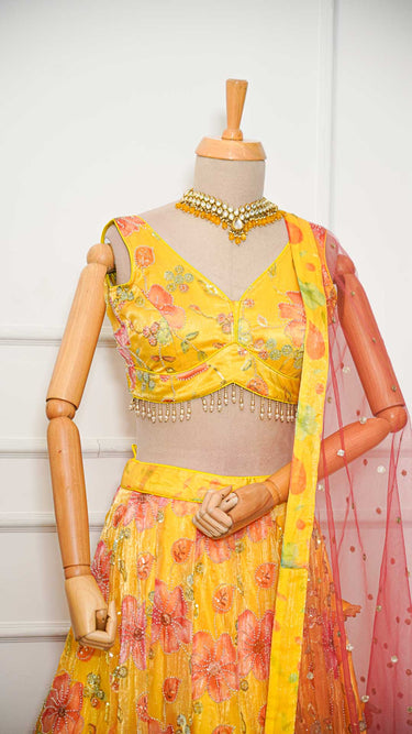 Multicolor Yellow Floral Handwork Lehenga with Contrast Shawl