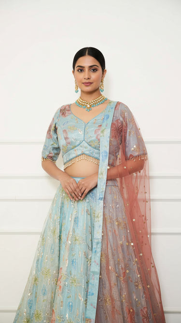 Multicolor Sky Floral Handwork Lehenga with Contrast Shawl