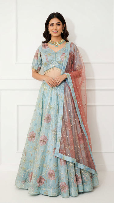 Multicolor Sky Floral Handwork Lehenga with Contrast Shawl