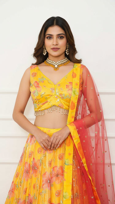 Multicolor Yellow Floral Handwork Lehenga with Contrast Shawl