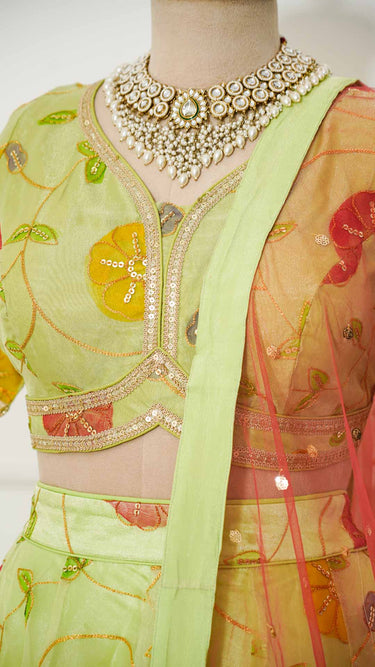Lime Green Floral Organza Lehenga with Contrast Dupatta