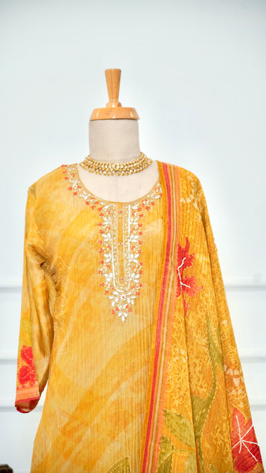 Mustard Yellow Handwork Kurta Set with Floral Shawl