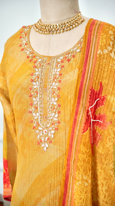 Mustard Yellow Handwork Kurta Set with Floral Shawl