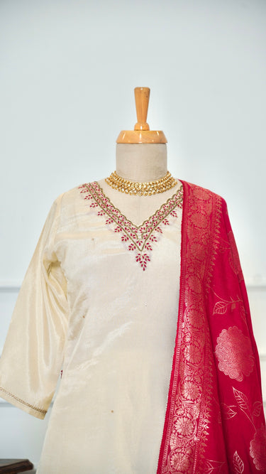 Shiny Women's Kurta Set with Banarasi Shawl in Cream