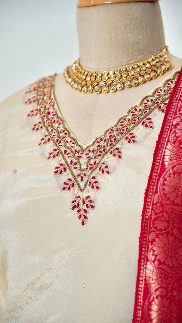Shiny Women's Kurta Set with Banarasi Shawl in Cream