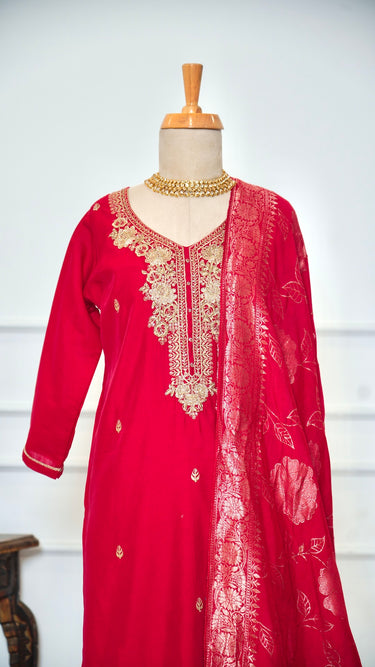 Glass Cotton Women's Kurta Set with Banarasi Shawl