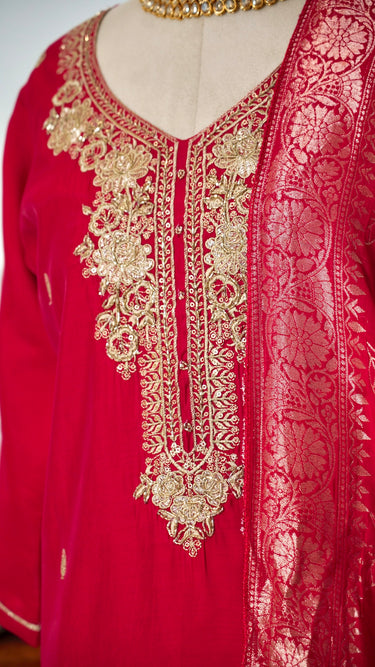 Glass Cotton Women's Kurta Set with Banarasi Shawl