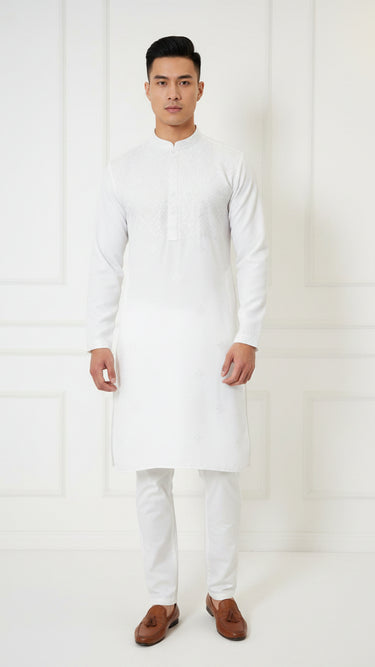 Mens Pastel Designer Kurti with Embroidered Neckline and Butti