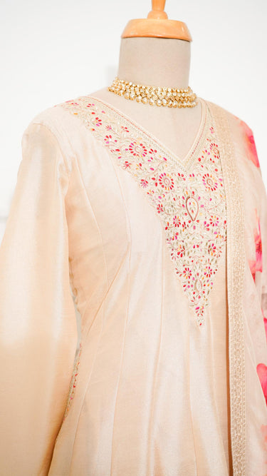 Gold Vichitra Silk Anarkali Suit with Floral Shawl