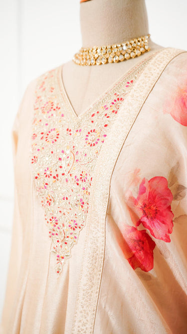 Gold Vichitra Silk Anarkali Suit with Floral Shawl