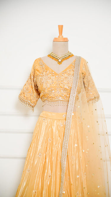 Gold Crepe Silk Lehenga with Handembroidery