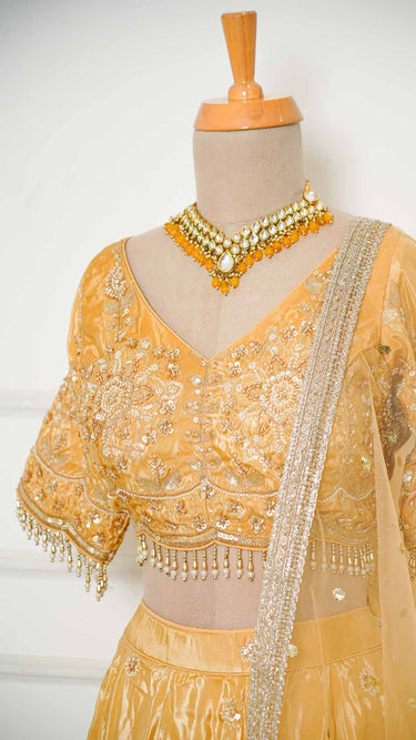 Gold Crepe Silk Lehenga with Handembroidery