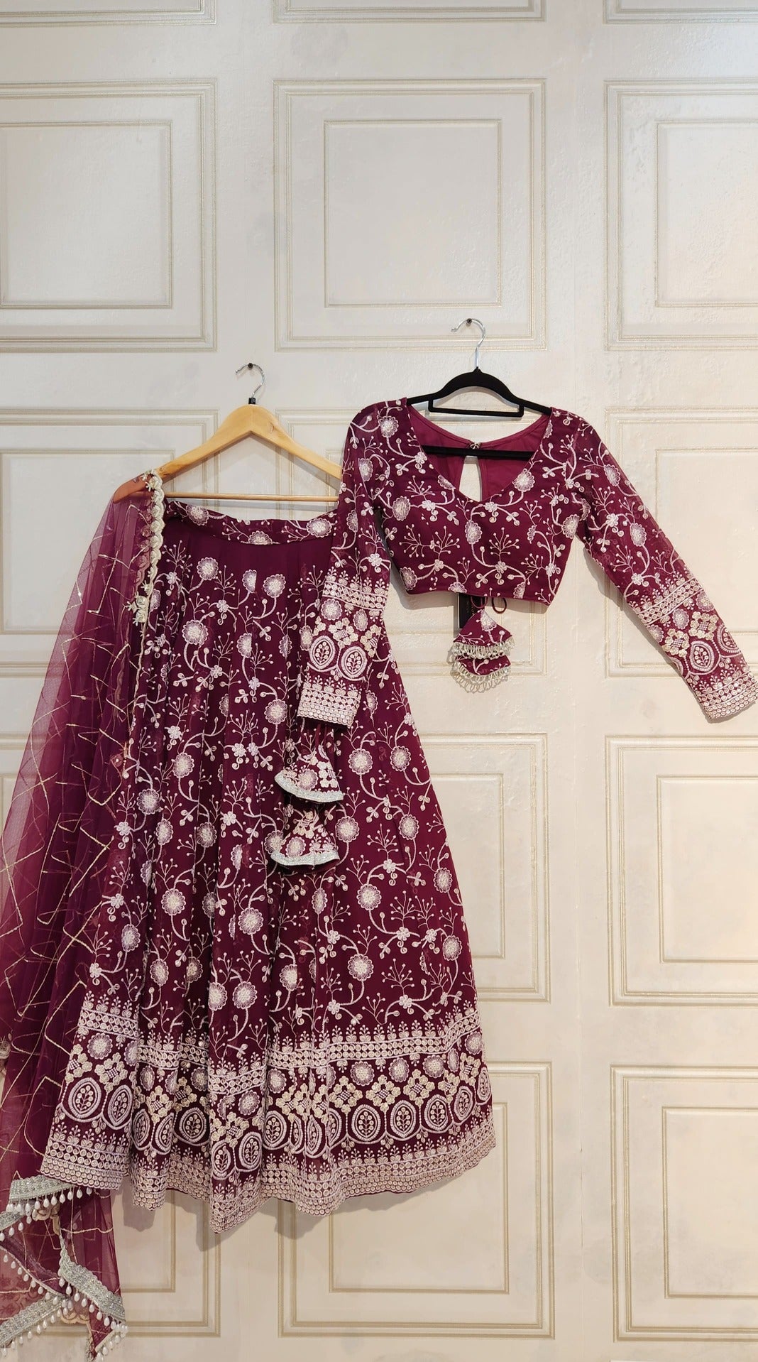 Wine Sequin and Thread Embroidered Lehenga with Full Sleeve Boutique Blouse and Shawl Mimosa