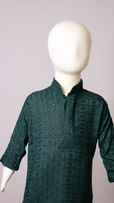 Kids Rayon Chikankari Kurta Set Green