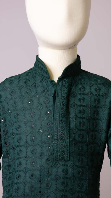 Kids Rayon Chikankari Kurta Set Green