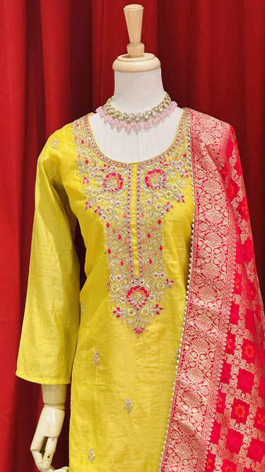 Yellow and hot pink contrast Women Kurta Set