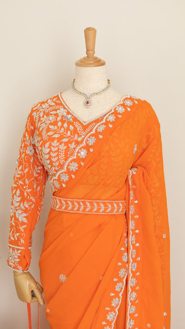 Bright Orange Handwork Saree with Boutique Blouse,Belt and Potli
