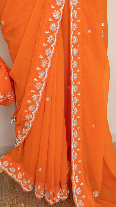 Bright Orange Handwork Saree with Boutique Blouse,Belt and Potli