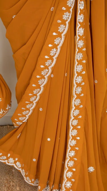 Mustard Yellow Handwork Saree with Boutique Blouse,Belt and Potli