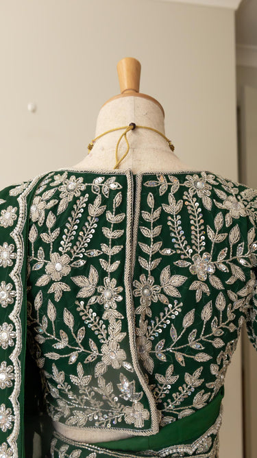 Dark Green Handwork Saree with Boutique Blouse,Belt and Potli