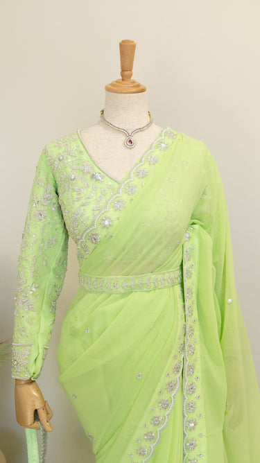 Mint Green Handwork Saree with Boutique Blouse,Belt and Potli