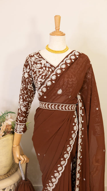 Dark Brown Handwork Saree with Boutique Blouse,Belt and Potli
