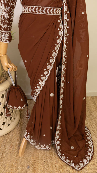 Dark Brown Handwork Saree with Boutique Blouse,Belt and Potli
