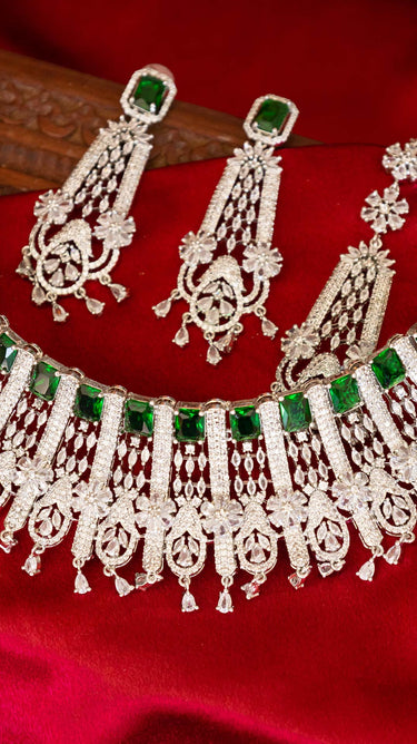 Emerald Green American Diamond Choker Necklace with Earrings Qanya