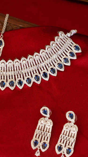 Royal Blue American Diamond Choker Necklace with Earrings Naira Sriti