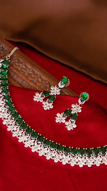 Emerald Green American Diamond Necklace And Earring Yuvi