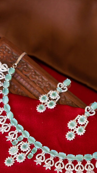 Aqua Blue American Diamond Necklace And Earring Sabya